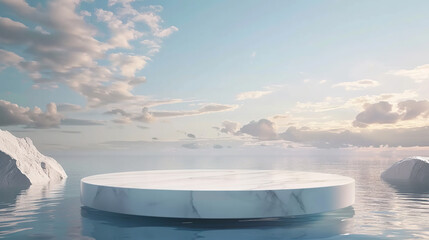 Podium water background product display scene 3d marble stand stone summer platform. Mockup background water beauty white podium rock space cosmetic stage blue presentation nature light pool black