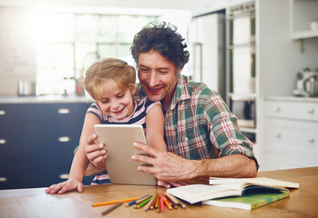 Home, dad and girl with tablet for homework or read with elearning for child development, knowledge...
