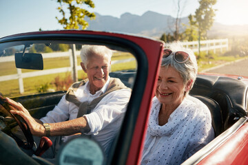 Old couple, road trip and convertible car in nature vineyard for retirement travel, marriage or...