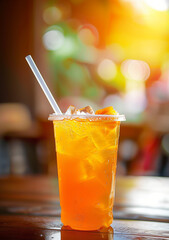 iced tea in a clear plastic cup with a transparent straw, Ai generated Images