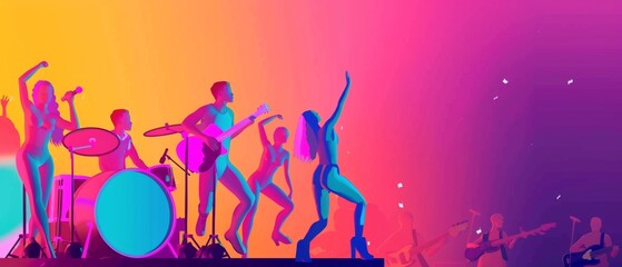 Vibrant Pride Concert with Musicians and Dancers on Stage for Copy Text Illustration