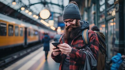 Fototapeta premium Man using smartphone while waiting at a train station.