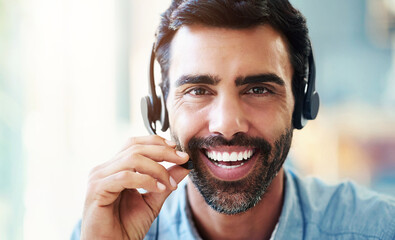 Portrait, call center and business with man, headphones or telemarketing with tech support,...