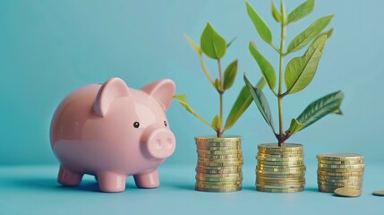a pink piggy bank beside a stack of gold coins and a growing green plant, isolated against a blue background. Symbolizing investment success and savings.