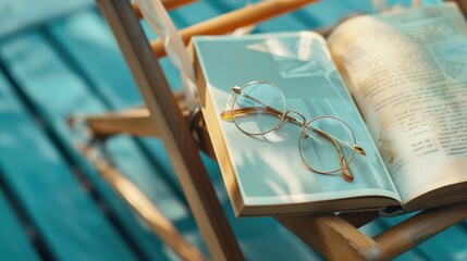 An open book and glasses in Electric blue frames are placed on a wooden chair. The contrast between the Azure chair and Aqua glass creates a visually appealing scene, perfect for art lovers AIG50