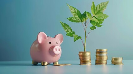 a pink piggy bank beside a stack of gold coins and a growing green plant, isolated against a blue background. Symbolizing investment success and savings.