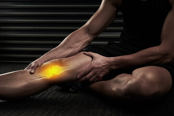 Man, leg and joint injury in knee with 3d anatomy, inflammation and sports accident on floor in...