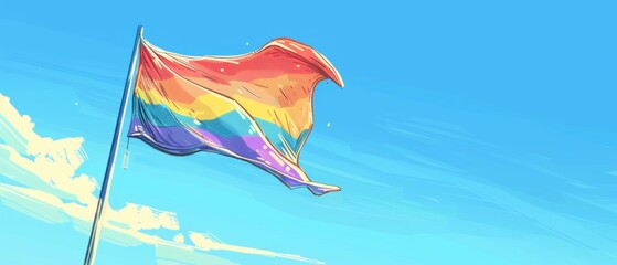 Vibrant Pride Flag Fluttering in the Breeze with Copy Space - Illustration of Rainbow LGBTQ+ Symbol against Clear Sky