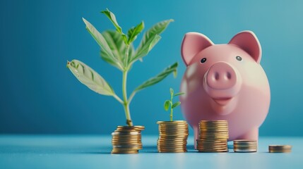 a pink piggy bank beside a stack of gold coins and a growing green plant, isolated against a blue background. Symbolizing investment success and savings.
