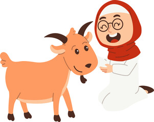 Muslim woman character feeding farm goats