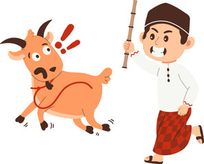Scared goat running frightened being chased away by a man with a bamboo stick Illustration