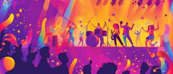Vibrant Pride Concert Performance with Musicians and Dancers on Stage | Copy Space Illustration