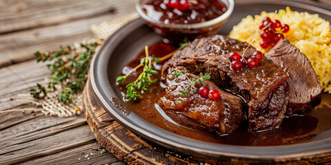 sliced whole arm of beef in brown sauce with fashionable Polish on the side, generative AI