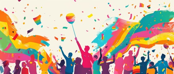 Rainbow Revelry - Joyful Crowd Celebrating at Pride Festival with Copy Space Illustration