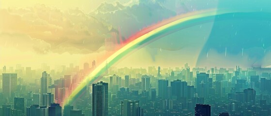 Cityscape Under a Vibrant Rainbow - Urban Landscape with Colorful Arching Rainbow and Copy Space for Messages Illustration