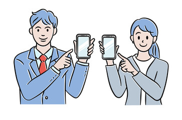 スーツを着てスマホを指差す男女のイラスト素材