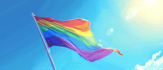 Vibrant Pride Flag Fluttering in the Breeze with Clear Sky Background, Copy Space Available for Text - Detailed Illustration