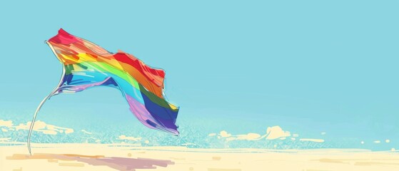 Pride Flag Fluttering in the Breeze - LGBTQ+ Symbol on Clear Sky Background with Space for Text, Vibrant Illustration Concept