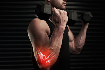 Man, arm and weight lifting with muscle skeleton in gym with 3d anatomy, orthopedic xray and red glow. Athlete, bicep and dumbbell with overlay in joint from exercise, workout and physical activity