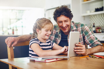 Happy, dad and girl with tablet for homework in home to read on elearning for child development,...