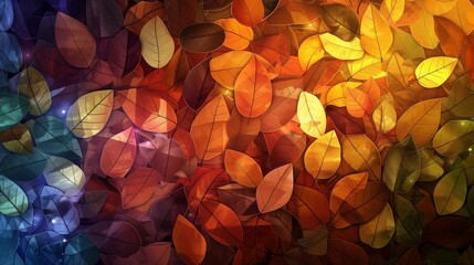 A mosaic of colorful autumn leaves, arranged in a kaleidoscopic pattern and illuminated by the soft light of a harvest moon,