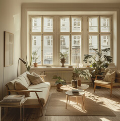 Fototapeta premium Scandinavian living room in light warm tones, some plants, a sofa, coffee table, side chairs, windows, light wood tones