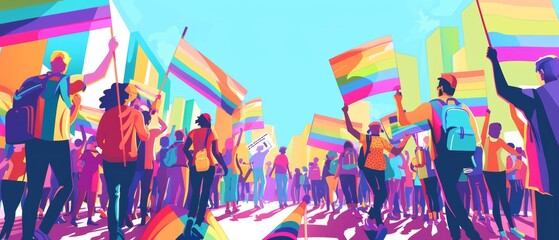 Embracing Diversity: Colorful Pride March with Signs and Banners, Copy Space for Text Overlay