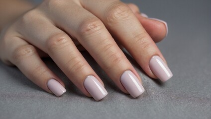 Closeup to woman hands with elegant neutral colors manicure. Beautiful pale pink gel polish manicure on long square nails on neutral gray background