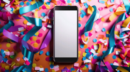 3D confetti phone celebrate party winner. Win confetti hand smartphone mockup render. Smart 3d screen surprise confetti gadget illustration. Cellphone screen background empty template. Generative AI