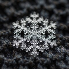 A detailed macro shot of a single snowflake on a dark, textured fabric, highlighting its intricate patterns.