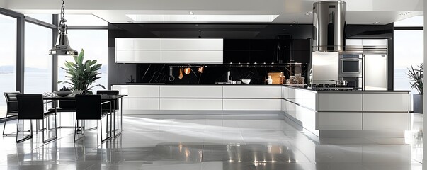 Design an eyecatching kitchen that combines stainless steel and iron appliances with bold white cabinets and a minimalist black color scheme
