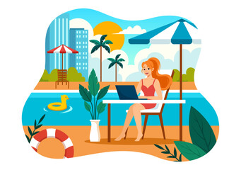 Freelance Workers Relaxing by the Swimming Pool Vector Illustration with Drinking Cocktails and Using Laptops in a Flat Cartoon Style Background