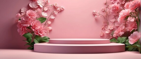 Pink Podium background with flowers, Cosmetic style podium