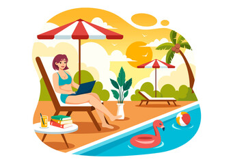 Freelance Workers Relaxing by the Swimming Pool Vector Illustration with Drinking Cocktails and Using Laptops in a Flat Cartoon Style Background
