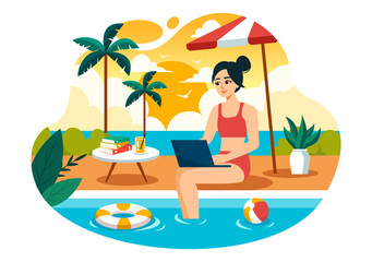 Freelance Workers Relaxing by the Swimming Pool Vector Illustration with Drinking Cocktails and Using Laptops in a Flat Cartoon Style Background