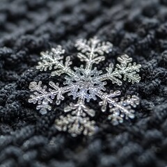 A detailed macro shot of a single snowflake on a dark, textured fabric, highlighting its intricate patterns.