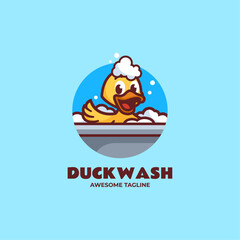 Vector Logo Illustration Duck Wash Mascot Cartoon Style.
