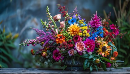 beautiful flower bouquet, showcasing a stunning arrangement of vibrant flowers, emphasizing color and elegance close up, floristry, vibrant, Fusion, garden backdrop