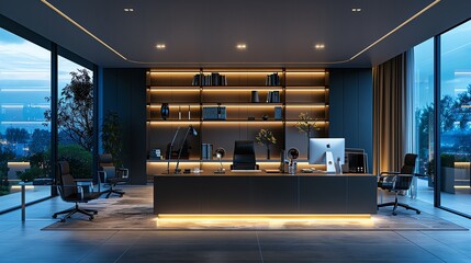 Conceptualize a professional office setting with anodized materials and ambient backlighting to promote a clean and efficient atmosphere