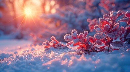 winter season outdoors landscape frozen plants in nature on the ground covered with ice and snow under the morning sun seasonal background for christmas wishes.illustration,stock photo