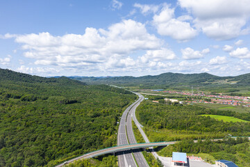 Aerial photography of the highway passing through the Changbai Mountains