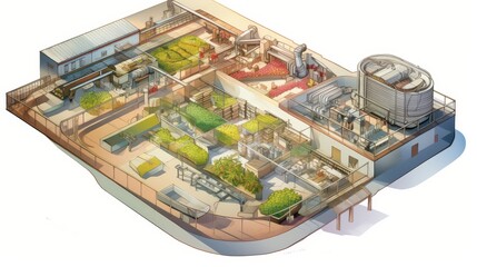 Comprehensive 3D isometric model of a seed processing facility, sorting and packaging areas highlighted, watercolor