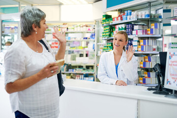 Happy, customer and shopping at pharmacy for medicine, pills or drugs for healthcare and service....