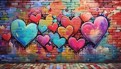 Brick wall with painted hearts in graffiti style.