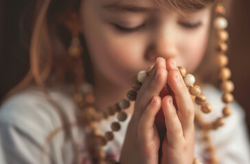 A closeup of the child's hands, holding rosary beads and clasped together in prayer, with their...