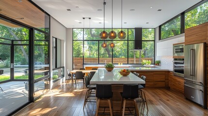 Obraz premium Design a modern kitchen that includes large windows for natural light, minimalist furniture, and accents of colored lighting