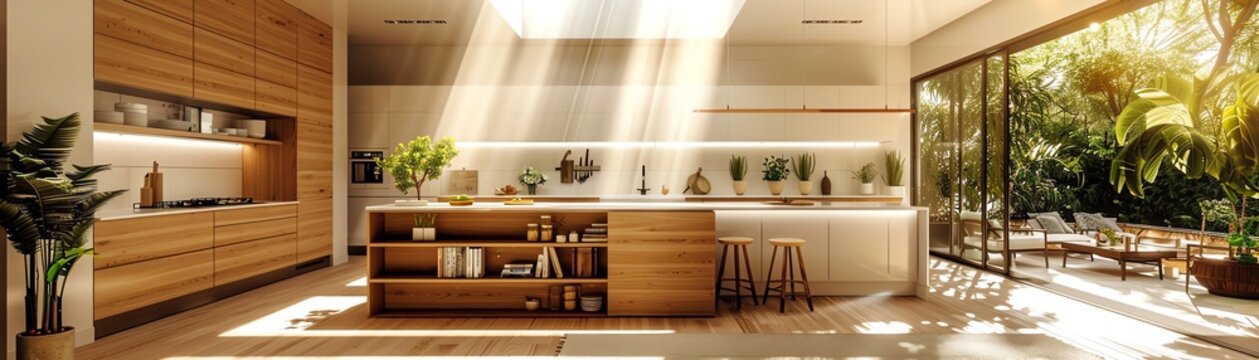 Create a kitchen layout incorporating skylights, modern furniture, and plenty of greenery for a fresh and open feel