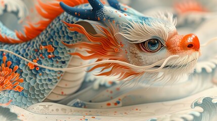Dynamic Detail: Risograph Close-Up of a Very Cute Chinese Dragon Head