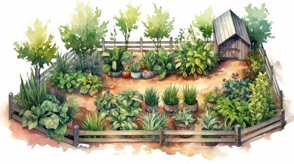 Realistic isometric illustration of an organic herb garden, variety of plants in a structured layout, watercolor