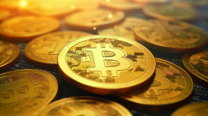 Bitcoins, golden coins, spreading out on a flat surface, bathed in warm, golden light, emphasizing their rich color and intricate circuit designs, in the blurred background 
